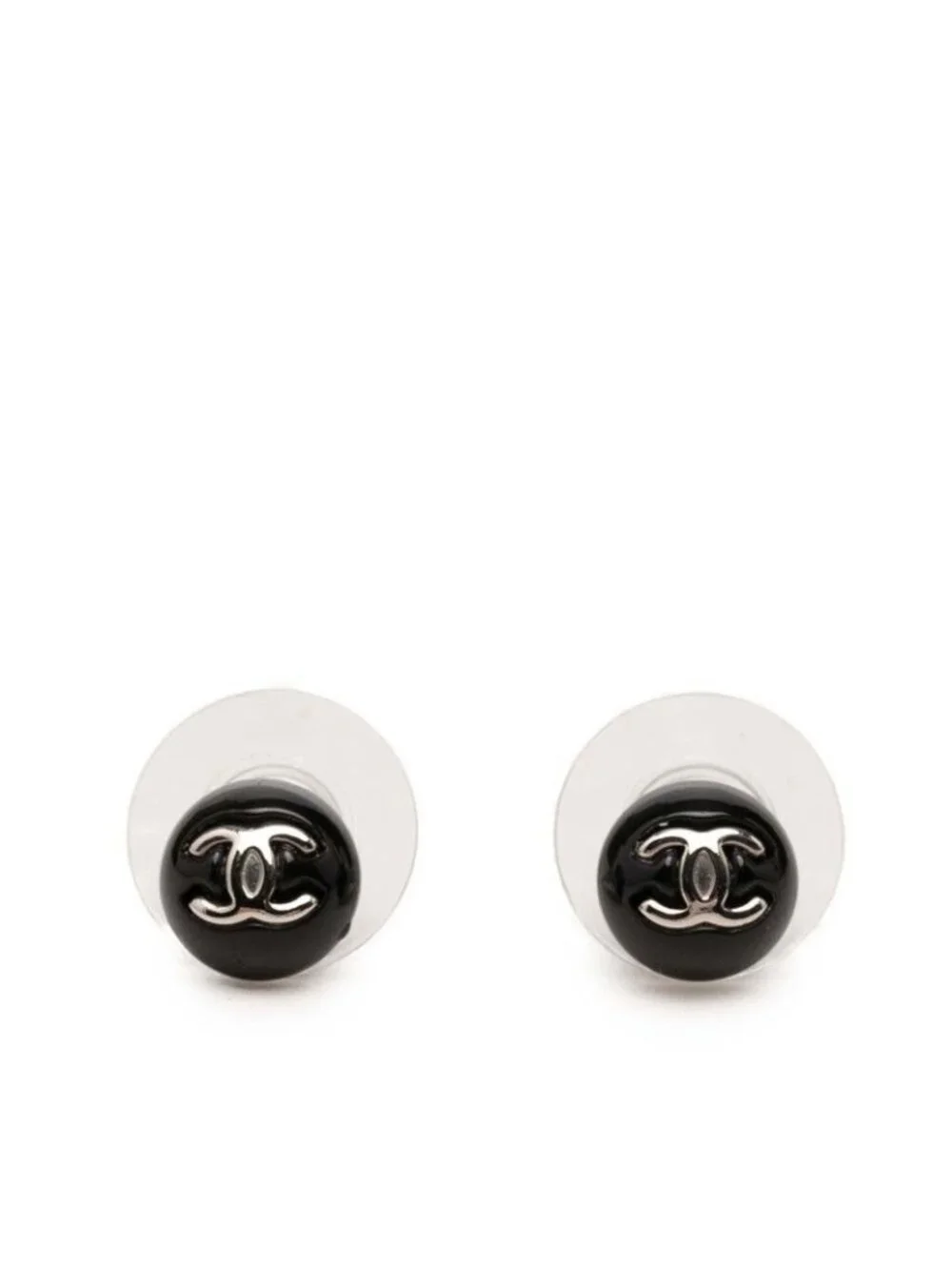 Chanel CC Logo Round Earrings 07 Black Silver Metal Plastic